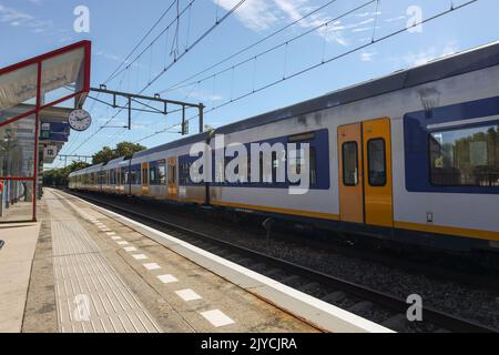 Treno locale SLT con fermata alla stazione Nieuwerkerk aan den IJssel nei Paesi Bassi Foto Stock