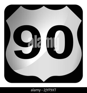 Cartello stradale bianco e nero con autostrada US 90 su sfondo bianco, rendering 3D Foto Stock