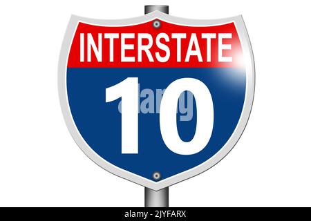 Interstate autostrada 10 segnaletica stradale isolato su sfondo bianco, 3D rendering Foto Stock