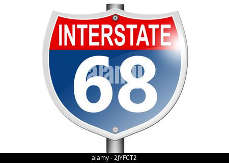 Interstate autostrada 68 segnaletica stradale isolato su sfondo bianco, 3D rendering Foto Stock