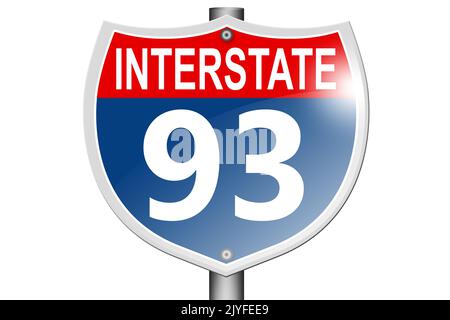 Interstate autostrada 93 segnaletica stradale isolato su sfondo bianco, 3D rendering Foto Stock