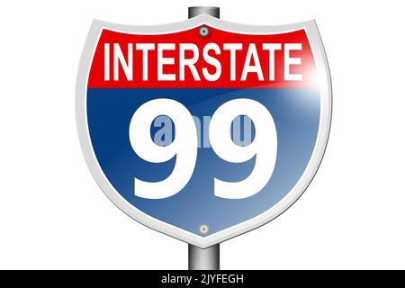 Interstate autostrada 99 segnaletica stradale isolato su sfondo bianco, 3D rendering Foto Stock