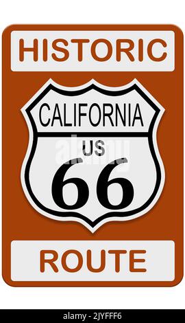 Route 66 vecchio storico cartello stradale con stato della California, rendering 3D Foto Stock