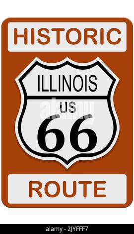 Route 66 vecchia segnaletica stradale storica con stato dell'Illinois, rendering 3D Foto Stock