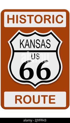 Route 66 vecchio storico cartello stradale con stato del Kansas, rendering 3D Foto Stock