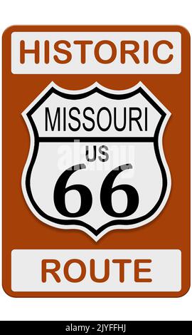 Route 66 vecchio storico cartello stradale con stato Missouri, rendering 3D Foto Stock