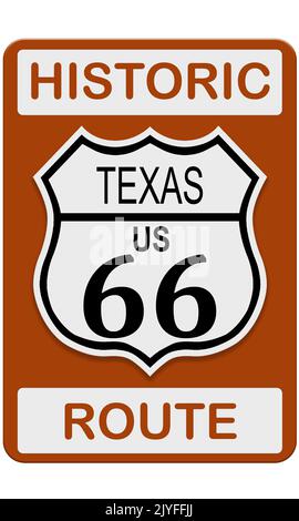 Route 66 vecchio storico cartello stradale con stato del Texas, rendering 3D Foto Stock