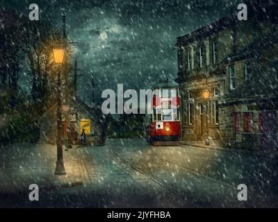 Tram Vittoriano, Snowy Street Scene Foto Stock