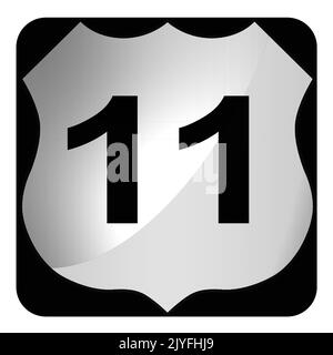 Cartello stradale bianco e nero con autostrada US 11 su sfondo bianco, rendering 3D Foto Stock