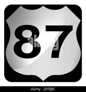 Cartello stradale bianco e nero con autostrada US 87 su sfondo bianco, rendering 3D Foto Stock