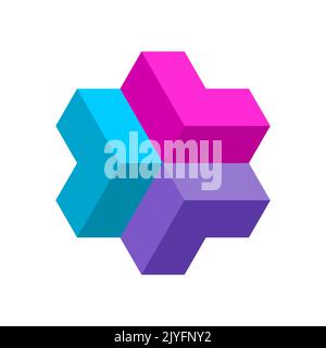 Logo colorato con tre frecce 3D. Modello di logotipo geometrico LLL. Le punte delle frecce si incontrano nel mezzo. Direzione centrale. Elementi di forma poligonale. Illustrazione Vettoriale