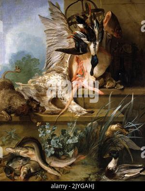 Jean Baptiste Oudry, Still Life with a Spaniel Chasing Ducks, pittura in olio su tela, 1719 Foto Stock