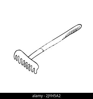 Rastrelli da giardino isolati su sfondo bianco. Rastrello per il Garden.Tools per la lavorazione del terreno e la pulizia del territorio. Illustrazione vettoriale in stile Doodle Illustrazione Vettoriale