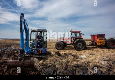 Un scavatore e una tramoggia su una palma sulla costa dell'Irlanda occidentale Foto Stock