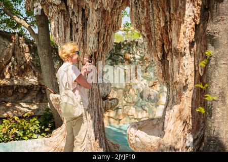 Donna anziana che scatta foto su un telefono cellulare di sculture in un parco naturale. Foto Stock