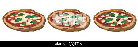 Set di pizze Vegan vettoriali disegnate a mano con pomodori, mozzarella e foglie di basilico. Pizza Margarita. Illustrazione Vettoriale