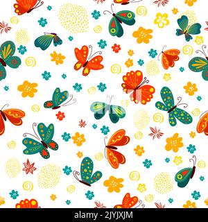 Carino sfondo farfalle e fiori senza cuciture modello. Illustrazione vettoriale. Sfondo floreale estivo per tessuti o sfondi. Illustrazione Vettoriale