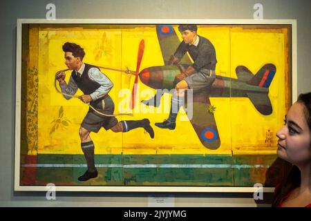 Londra, Regno Unito. 8 settembre 2022. Un membro dello staff vede 'figli di Borias' del pittore e illustratore Paul Slater alla sua nuova mostra alla Galleria Catto di Hampstead che si svolge dal 8 al 26 settembre, con 30 opere in mostra. Credit: Stephen Chung / Alamy Live News Foto Stock
