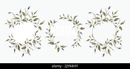 Acquerello clipart floreale, foglie verdi naturali cornici, wreath e bordo vettore illustrazione. Illustrazione Vettoriale