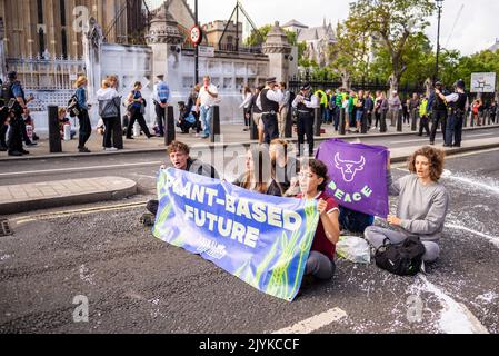 I manifestanti della ribellione animale spruzzavano una parete del Palazzo di Westminster con vernice bianca e bloccavano la strada all'esterno. Protesta contro il latte Foto Stock