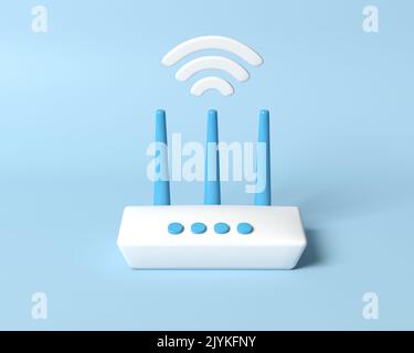 Router 3D moderno e minimalista con simbolo Wi-fi. Area hotspot Wi-Fi. Il concetto di modem wireless per 5G. Illustrazione del rendering 3D. Foto Stock