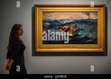 Londra, Regno Unito. 8th Set, 2022. The Gulf Stream, 1899 - Anteprima di Winslow Homer: Forza della natura alla Galleria Nazionale. Fu uno dei pittori americani più celebrati dei secoli 19th e 20th. Questa mostra, che mostrerà circa 50 dipinti e acquerelli provenienti da collezioni pubbliche e private, che si estende per oltre 40 anni. È organizzato in collaborazione con il Metropolitan Museum of Art di New York e si svolge dal 10 settembre 2022 al 8 gennaio 2023. Non c'è nessun dipinto di Homer in una collezione pubblica del Regno Unito. Credit: Guy Bell/Alamy Live News Foto Stock