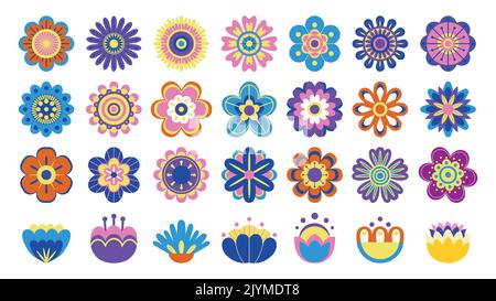 Coloratissimi pittogrammi floreali. Carino cartoni animati simboli floreali, vista dall'alto di bambini fiori illustrazione, ornamentali fiore logo ed elementi decorativi. Vettore Illustrazione Vettoriale