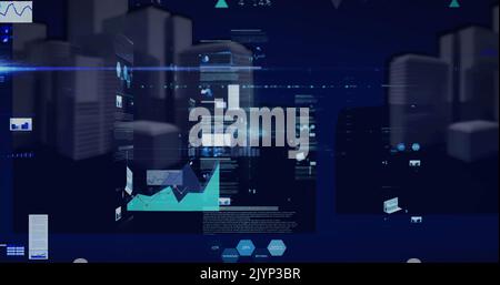 Immagine di statistiche ed elaborazione dati su 3D paesaggio urbano Foto Stock