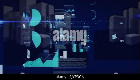 Immagine di statistiche ed elaborazione dati su 3D paesaggio urbano Foto Stock