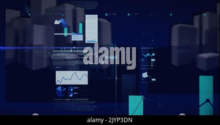 Immagine di statistiche ed elaborazione dati su 3D paesaggio urbano Foto Stock