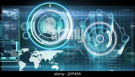 Immagine della scansione di oscilloscopi, delle impronte digitali biometriche e dell'elaborazione dei dati medici su schermo digitale Foto Stock
