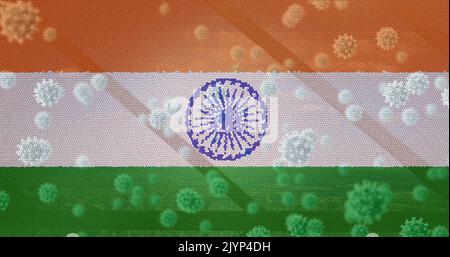 Composizione di cellule di covid 19 sopra bandiera indiana Foto Stock