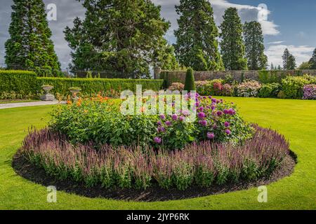 Circolare fiorito in bellissimo giardino Powerscourt con siepi, alberi decorativi, fontane e foresta, Enniskerry, Wicklow, Irlanda Foto Stock