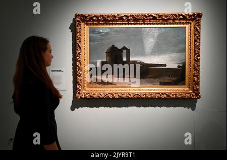 Londra, Regno Unito. Un dipendente di una galleria vede " Searchlight on Harbour Entrance, Santiago De Cuba". Rassegna stampa di Winslow Homer : forza della natura 10th settembre 2022 - 8th gennaio 2023, la Galleria Nazionale, Trafalgar Square. Credit: michael melia/Alamy Live News Foto Stock