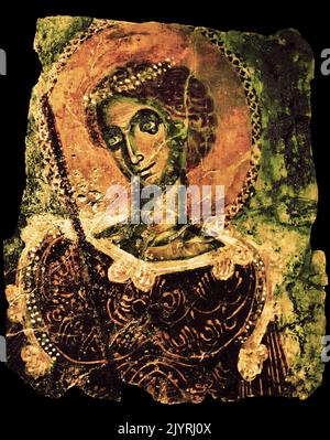 Frammento di un dipinto murale, raffigurante una Santa influenze occidentali, Museo bizantino e cristiano ad Atene, ( Pyrgos, Eubea, chiesa di San Nicola 13th ° secolo .) Foto Stock