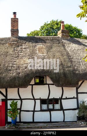 Un bel cottage dal tetto di paglia nel grazioso villaggio di Nether Wallop. Il villaggio è stato utilizzato nella serie televisiva Miss Marple Foto Stock