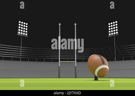3D rendering Rugby, la palla su uno stadio di rugby professionale Foto Stock