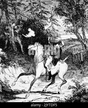 Illustrazione dell'assassinio di William Horsfall, un mercante e produttore dello Yorkshire, assassinato da Luddisti nei pressi di Huddersfield. Datato 19th ° secolo Foto Stock