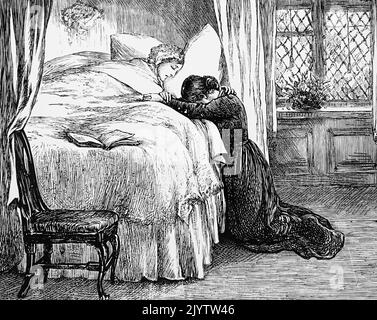 Illustrazione raffigurante una figlia che piange sul letto di morte di sua madre. Illustrato da Mary Ellen Edwards (1838-1934) un artista inglese. Datato 19th ° secolo Foto Stock