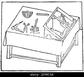 L'illustrazione raffigura una tabella di disegno che mostra un quadrato a T graduato in uso sullo schema. Datato 17th ° secolo Foto Stock