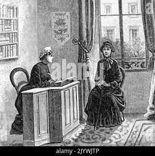 Illustrazione raffigurante una giovane cameriera che prende appunti per il suo datore di lavoro. Datato 19th ° secolo Foto Stock