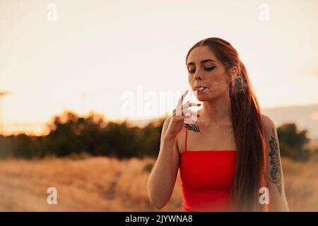 Ragazza tatuata in un vestito rosso fumare un giunto marijuana durante il tramonto Foto Stock