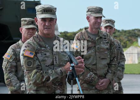 Amami, Giappone. 08th Set, 2022. Il generale dell'esercito statunitense Charles A. Flynn, comandante del Pacifico, parla nel corso di una conferenza stampa a Camp Amami, sull'isola di Amami Oshima, nella prefettura di Kagoshima, Giappone, giovedì 8 settembre 2022. Foto di Keizo Mori/UPI Credit: UPI/Alamy Live News Foto Stock