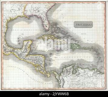 Mappa 1814 colorata a mano dal cartografo di Edimburgo John Thomson raffigura le Indie Occidentali e l'America Centrale. Copre dalle Carolinas sud attraverso il Texas, Messico e America centrale fino alla parte settentrionale del Sud America fino al Venezuela e il Delta dell'Orinoco. Include tutte le isole delle Indie Occidentali, inclusi i Caraibi e le grandi e piccole Antille. Dettagli straordinari con notazioni su caratteristiche sia fisiche che politiche, nonché elementi sottomarini, banche e banchi. Nota diverse tribù indiane americane sia nel Nord che nel Sud America. La grandezza magnifica di questa mappa, beautifu Foto Stock