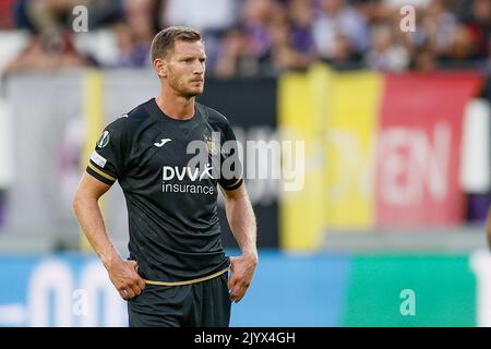 Jan Vertonghen di Anderlecht è stato raffigurato durante una partita di calcio tra il belga RSC Anderlecht e il danese Silkeborg IF, giovedì 08 settembre 2022, ad Anderlecht, il giorno di apertura della fase di gruppo del concorso UEFA Conference League. FOTO DI BELGA BRUNO FAHY Foto Stock