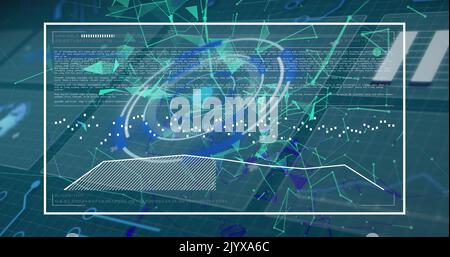 Immagine dei cerchi digitali, dei punti collegati alle linee e dei codici di programmazione che si spostano sugli schermi Foto Stock