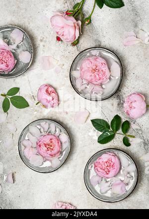 Rose rosa fresche e petali di rosa nelle ciotole di acqua profumata. Centro benessere e cosmetico. Vista dall'alto. Foto Stock