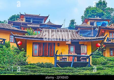 Belle case di adobe sul pendio di montagna in Ban Rak Thai Yunnan tè villaggio, Thailandia Foto Stock