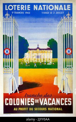 Poster francese "Lotteria Nazionale" 1942. Che mette in evidenza una campagna per finanziare campi di vacanza, per i bambini sfollati, dopo la devastazione della seconda guerra mondiale e l'occupazione della Francia. Foto Stock