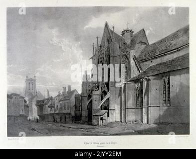 Disegno della Basilica di San Urbano di Troyes (Basilica di San Urbano di Troyes), ex Eglise Saint-Urbain, è una massiccia chiesa medievale nella città di Troyes, in Francia. Era una chiesa collegiale, dotata nel 1262 da Papa Urbano IV E' un classico esempio di architettura gotica di fine '13th. Foto Stock